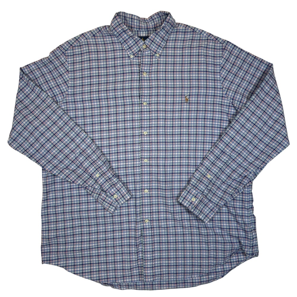 Ralph‎ Lauren Mens XXL Plaid Button Down Shirt Blue White Red Long Sleeve Cotton